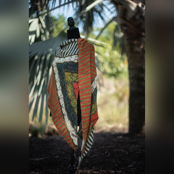 Shawl Large Striped Lace Green Red Yellow Hand Knit Wrap - Picture 7 of 15